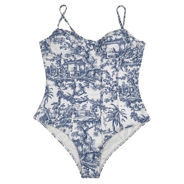 Cider Chinoiserie Print One-Piece Swimsuit Size XL Blue Toile
