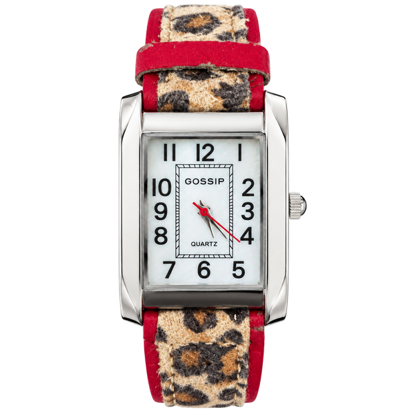 Gossip Quartz Rectangular Watch Leopard Print Leather Strap