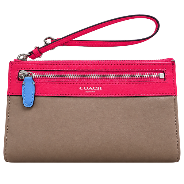 Coach Daisy Spectator Colorblock Leather Wristlet Wallet Tan Pink