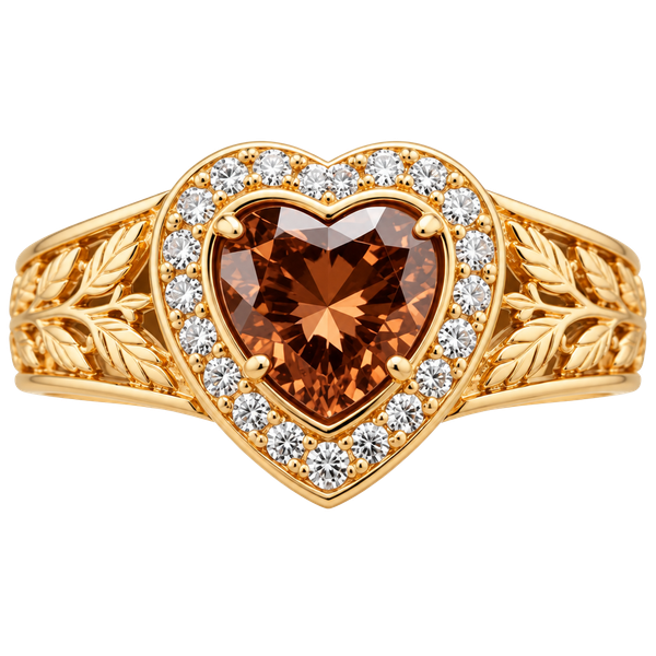 Gold Heart Ring with Brown Center Stone and Clear Accent Stones