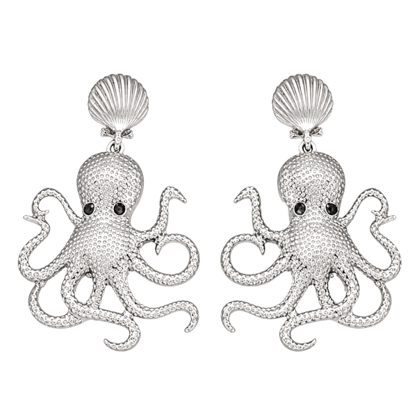 Silver Octopus Drop Post Earrings - with Clam Shells NWT