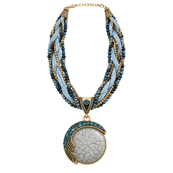 Mtlee Bohemian Blue and Gold Braided Statement Necklace EUC