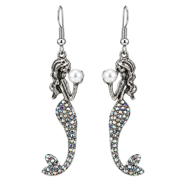 Silver Plated Mermaid Drop Earrings with Pearl and Multicolor Crystals