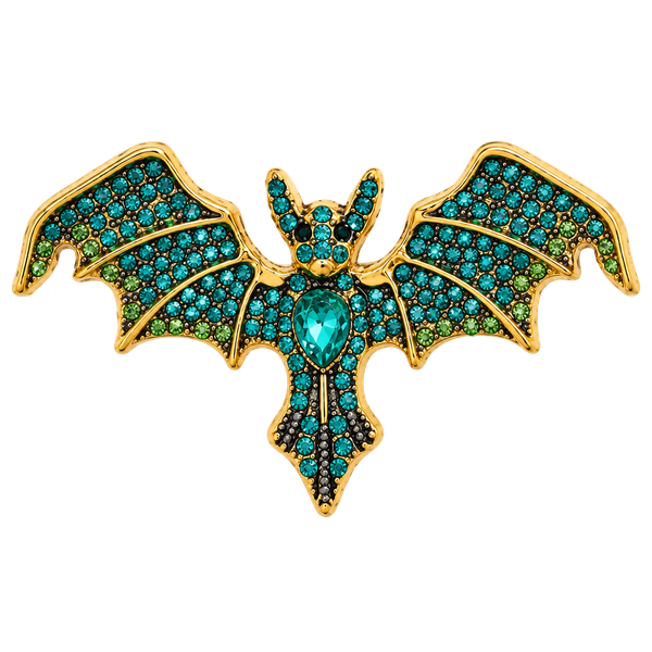 Unbranded Gold Tone Green Rhinestone Bat Brooch Pin Halloween