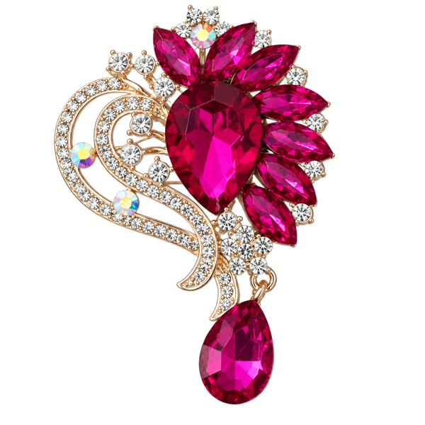 Vintage Fuchsia & White Crystal Floral Statement Brooch with DROP EUC