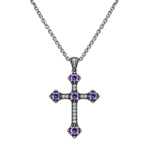 FAS Sterling Silver Chain Cross Necklace with Amethyst Stones