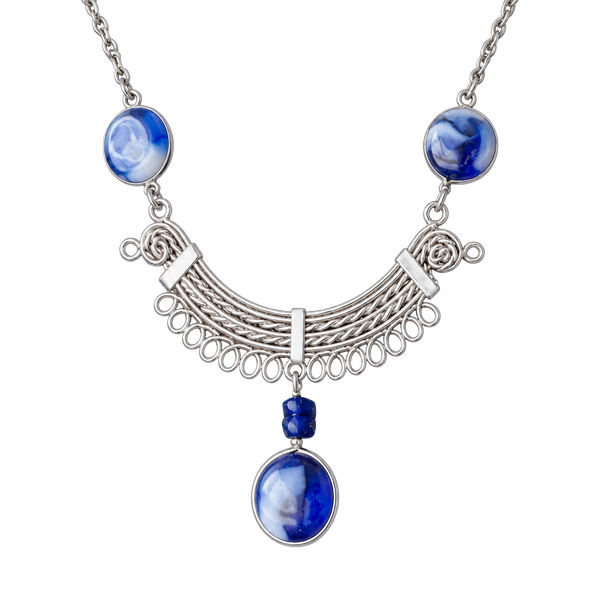 Silver-Tone Scroll Necklace with Blue Marble Accents