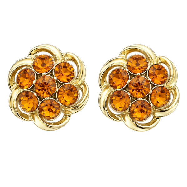 Vintage Gold-Tone Floral Crystal Clip-On Earrings - Amber