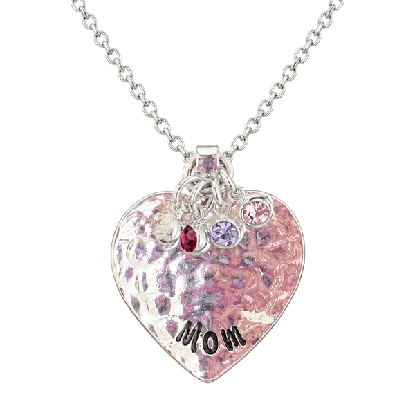 Avon VINTAGE Silver Heart Mom Necklace w/ Pink, White, Red, & Blue Stones NIB