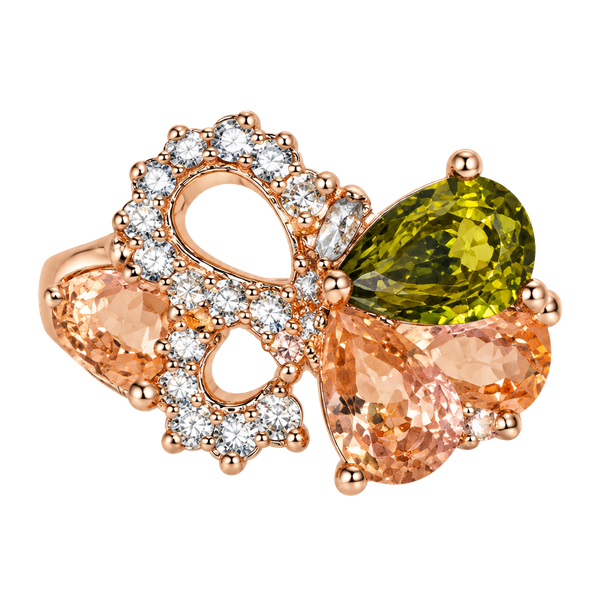 Unique Rose Gold Butterfly Ring with Pink and Olive Stones