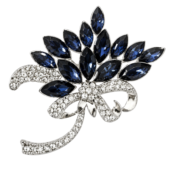 Vintage Rhinestone Leaf Cluster Brooch with Dark Blue Marquise Stones EUC