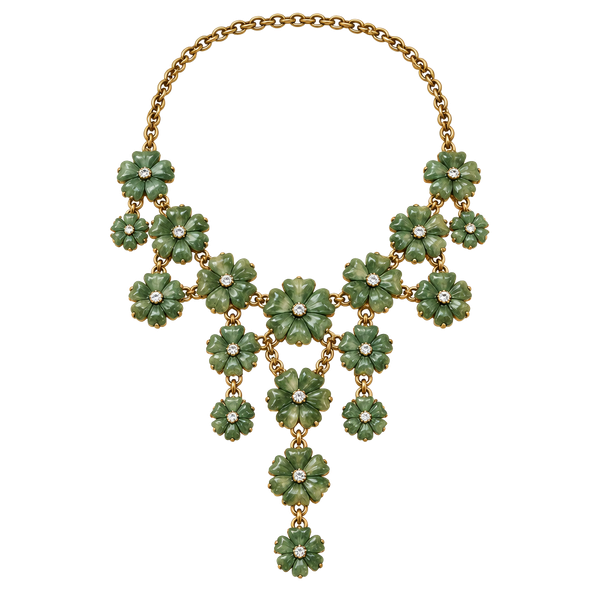 Y2K Green Floral Statement Bib Necklace on Goldtone Chain