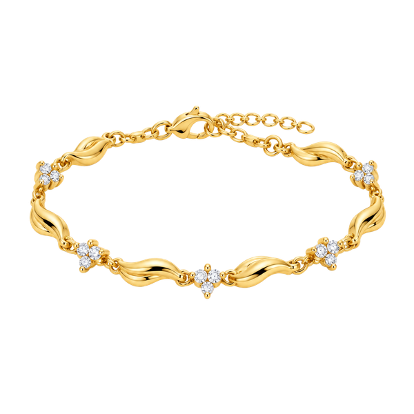 Stainless Steel Gold Wavy CZ Charm Bracelet - Gold