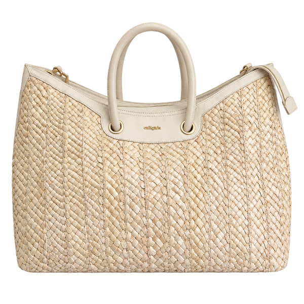 Cult Gaia Woven Straw Leather Trim Handbag Cream