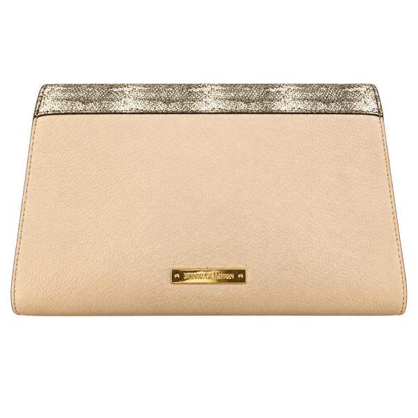 Vince Camuto Clutch Bag Beige Snakeskin Trim Gold Hardware