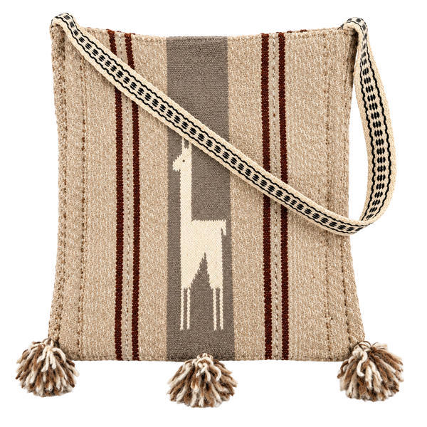 Peruvian Alpaca Wool Crossbody Bag Llama Motif Brown Tassels