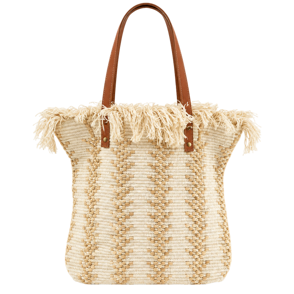 Unbranded Woven Geometric Tote Bag Beige Fringe