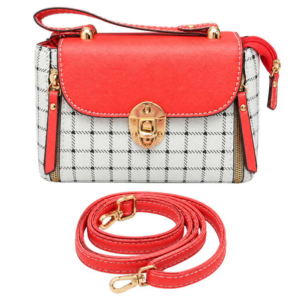Red & White Plaid Crossbody Bag with Gold Hardware