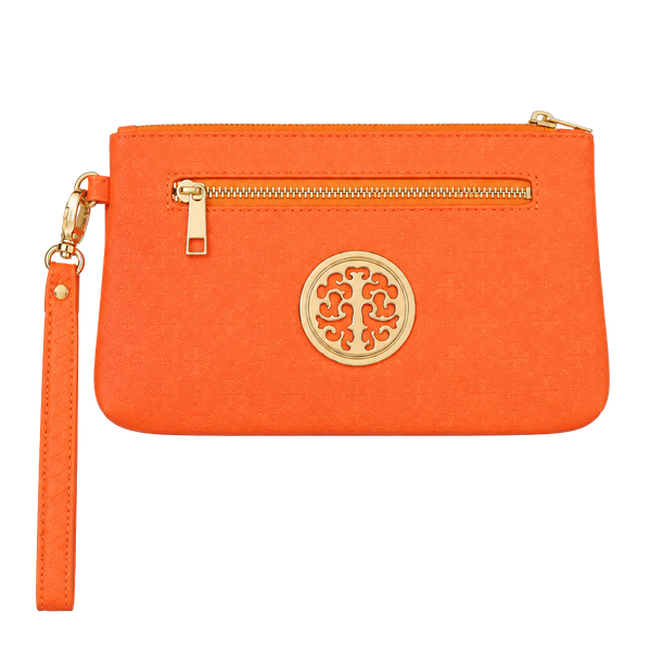 Orange Wristlet Bag with Gold Medallion Accent