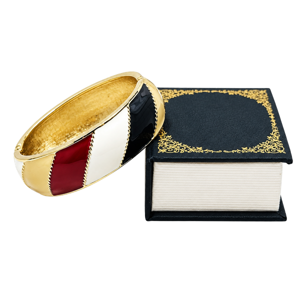 Vintage Gold Tone Enamel Hinged Cuff Bracelet Red White Black Color Block