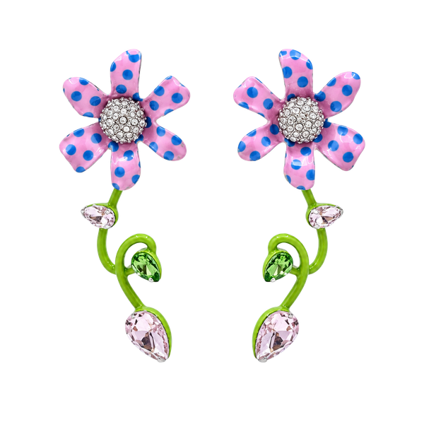 Betsey Johnson Enchanted Flower Pink Polka Dot Rhinestone Drop Earrings