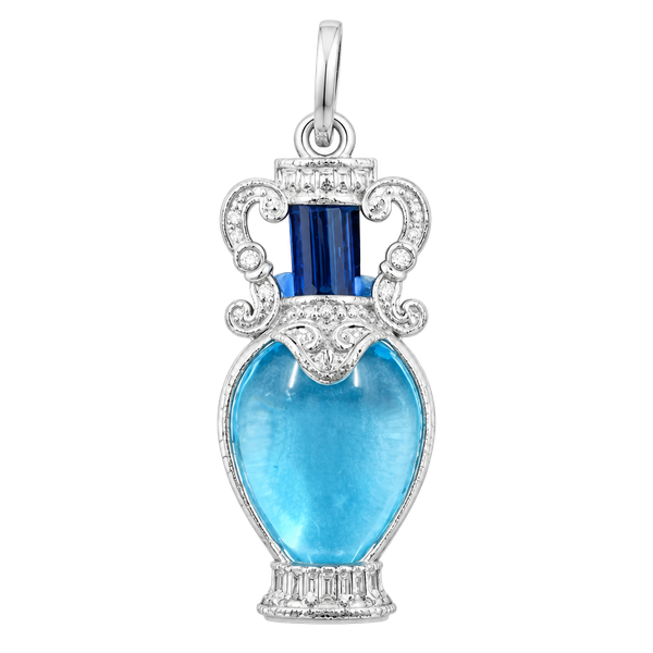 Blue Glass Perfume Bottle Pendant Charm Ornate Silver-Tone Filigree