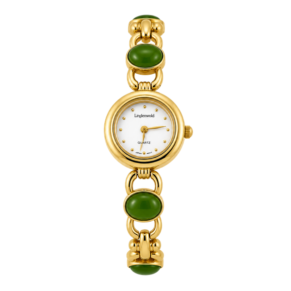 Vintage Lindenwold Green Cabochon Gold Tone Quartz Watch Original Box