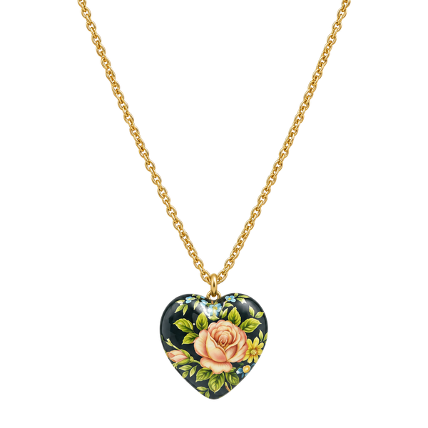 Vintage Style Black Heart Floral Rose Pendant Necklace Gold Tone Chain