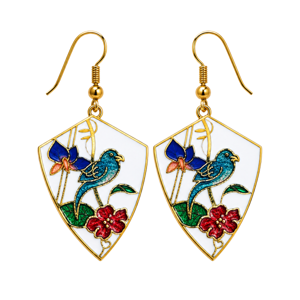 Vintage Cloisonne Bird & Floral Dangle Earrings Shield Shape