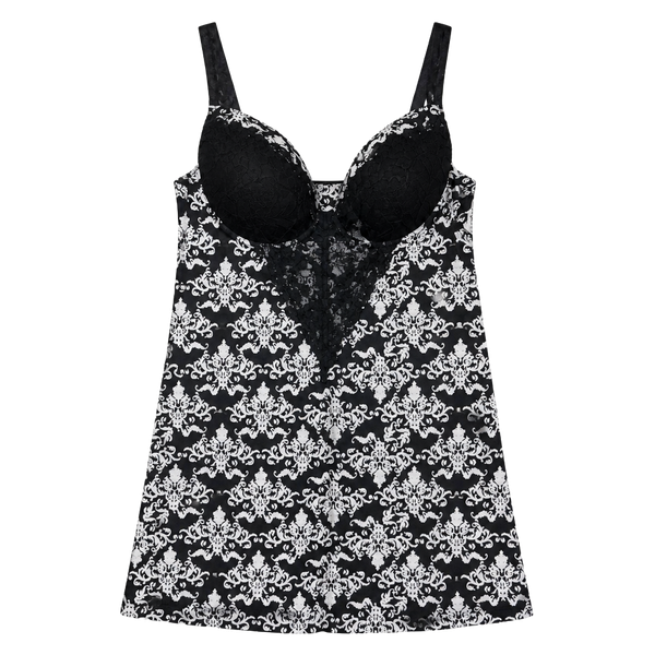 Rhonda Shear Nightgown Style 1242 Size XL Black White Damask Print Lace