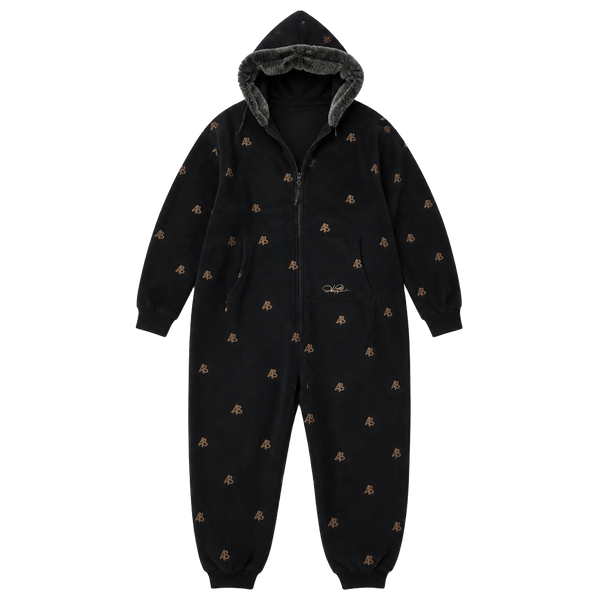 Uni  Comfort Black Fuzzy Hooded Onesie Pajamas with Gold AB Monogram Print