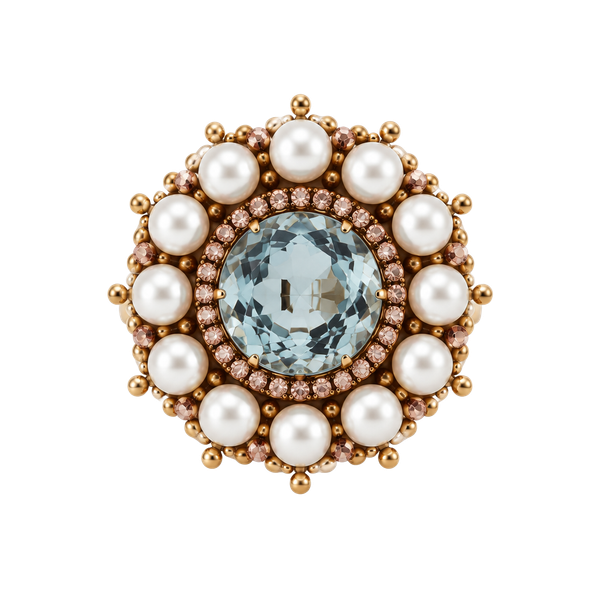 Vintage Statement Ring Size 7.5 Blue Stone Faux Pearl Halo