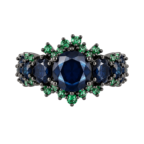 Gothic Black Gold Cocktail Ring Size 7 Blue and Green Gemstones
