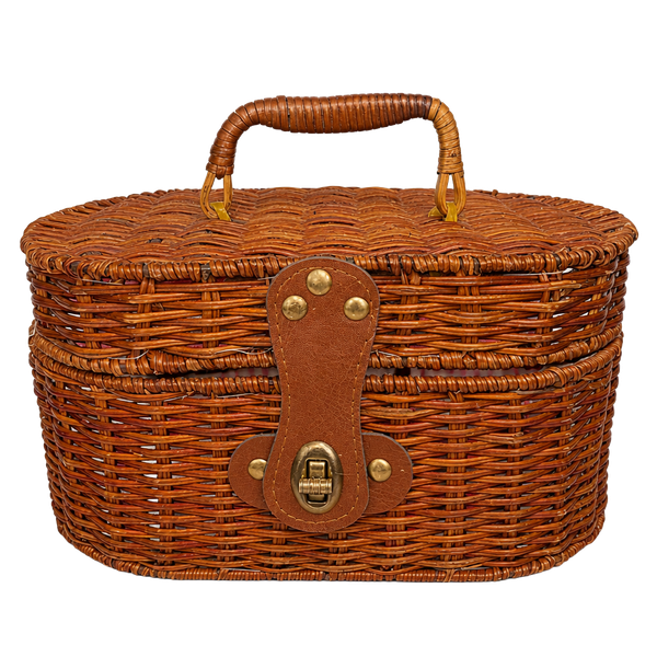 Vintage Wicker Picnic Basket Purse with Leather Handle and Clasp