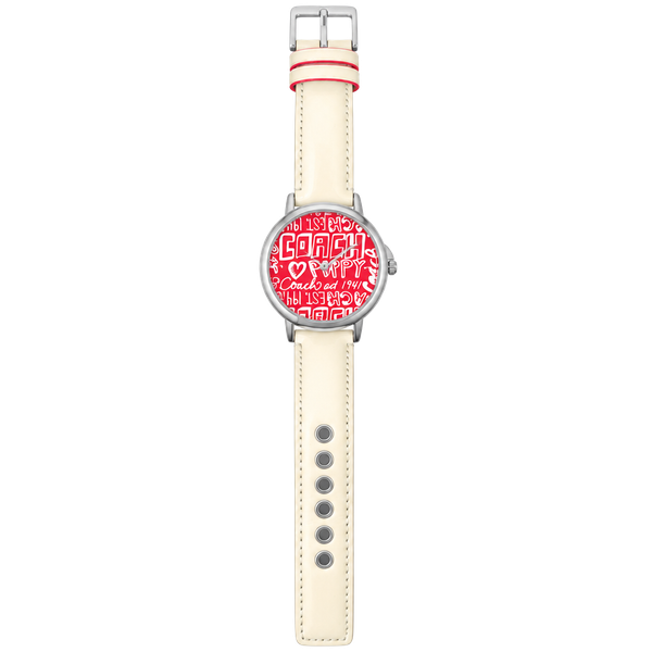 Coach Poppy Watch Red Dial White Leather Strap