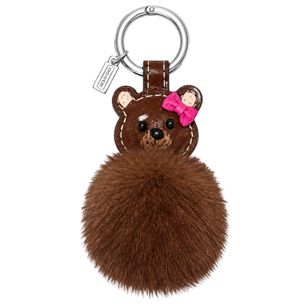 Coach MK Bear Keychain Charm with Pom Pom and Pink Bow