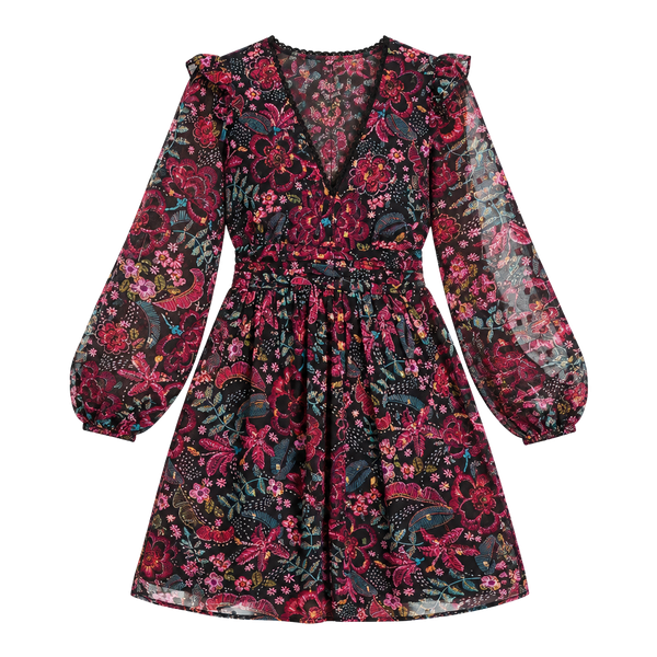 Aqua Metallic Floral Mini Dress Size S Long Sleeve Black Whimsigoth