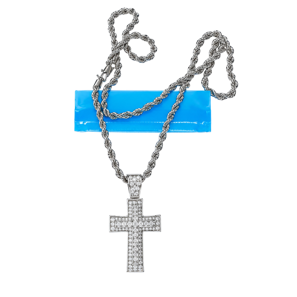 Iced Out Cross Pendant Necklace With Rope Chain