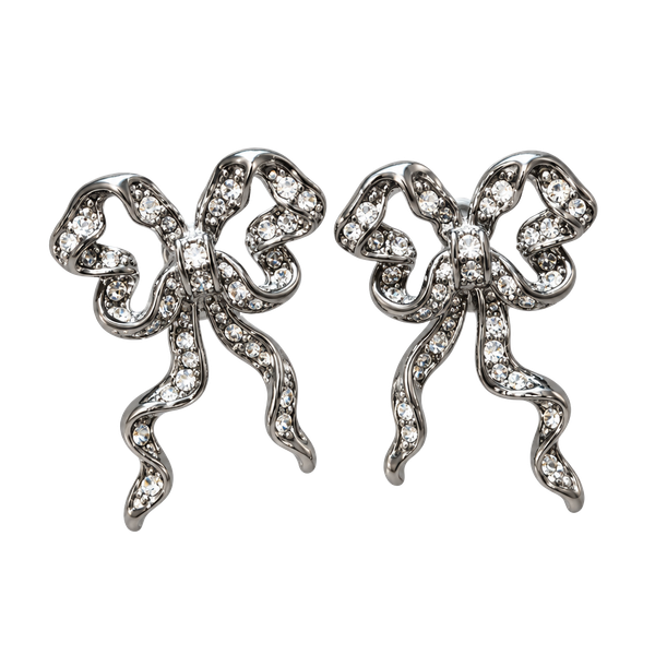 Crystal Bow Stud Earrings Silver Tone Rhinestone Ribbon