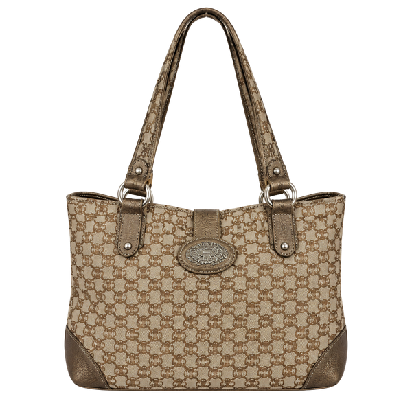 Guess Monogram Canvas Hobo Shoulder Bag Brown Tan Gold Hardware