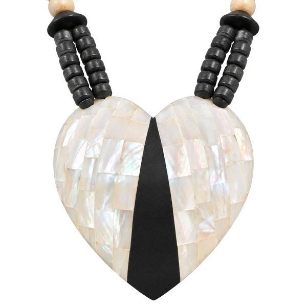 Vintage Mosaic Mother of Pearl Heart Pendant Wood Bead Statement Necklace