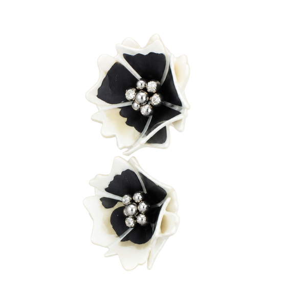 Black and White Flower Stud Earrings with Rhinestones