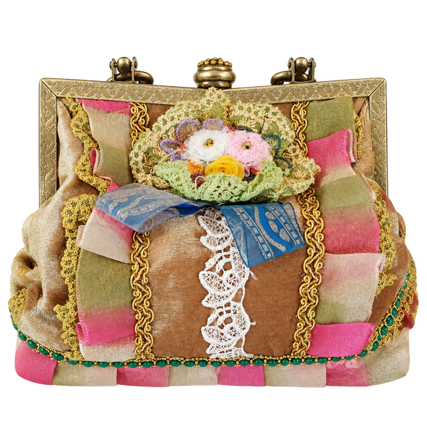Vintage Mixed Media Velvet & Lace Kiss Lock Handbag