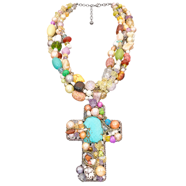 Chunky Multi Stone Cross Necklace