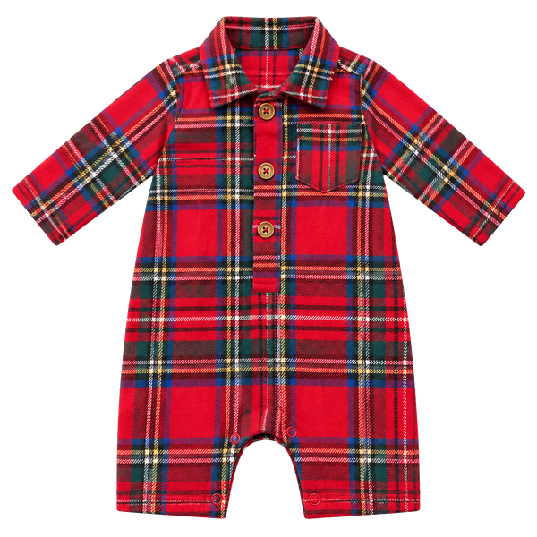 Posh Peanut Red Tartan Plaid Romper Size 3-6 Mos Buttons Collar Footie