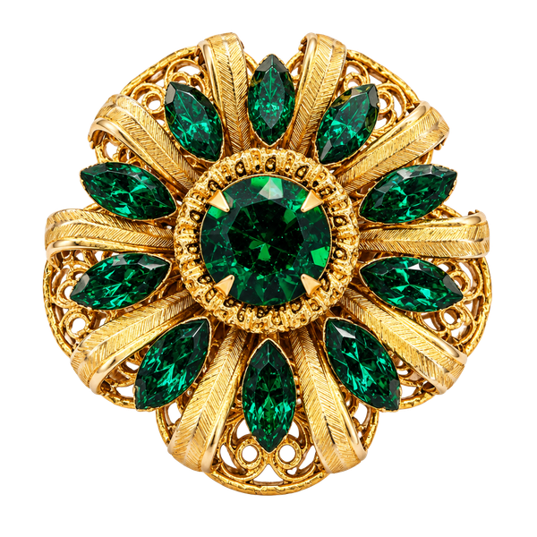 Vintage Gold Tone Green Rhinestone Flower Brooch