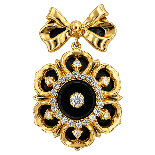 Coro Flower Bow Rhinestone Black Enamel Brooch Pin