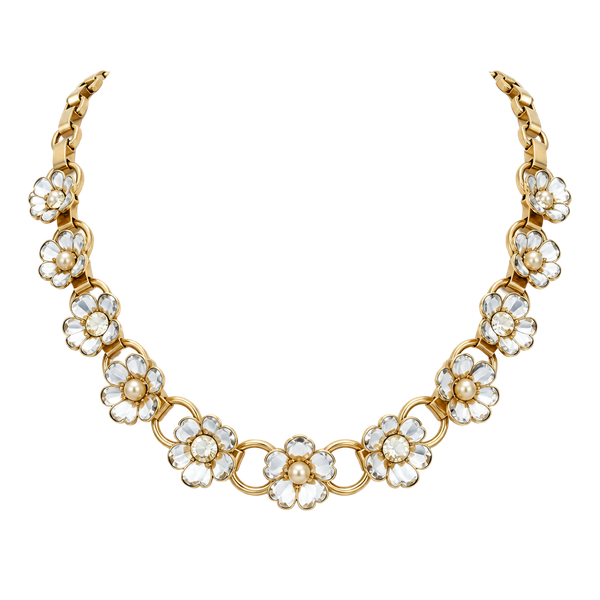 Vintage Gold Tone White Flower Rhinestone Choker Necklace