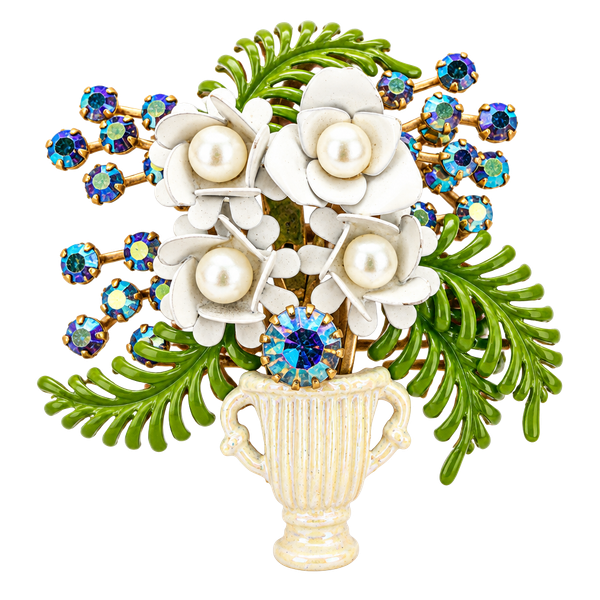 Vintage Enamel Flower Vase Brooch Rhinestone Pearl Pin