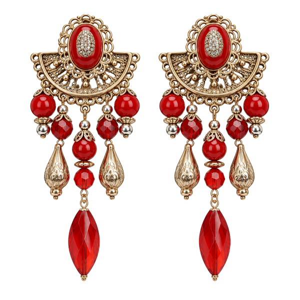 Vintage Filigree Red Bead Chandelier Clip-On Earrings